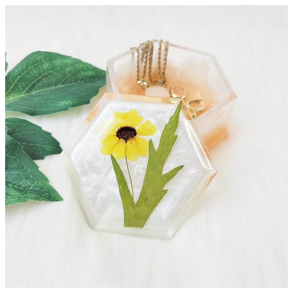 Floral Trinket Box Small Hexagon Jewelry Box Stash Box Yellow Orange White Clear